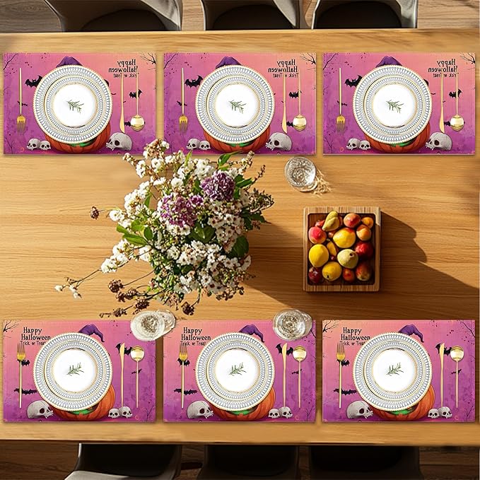 Halloween Pumpkin Placemats Set of 6,Trick or Treat Placemats Washable Kitchen Dining Linen Table Mats Stain Heat-Resistant for Home Party Indoor 12x18 inch