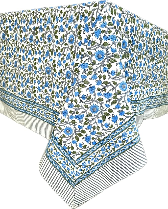 ATOSII Lake Como 100% Cotton Square Summer Tablecloth, Block Print Floral Linen Table Cloth for Kitchen Dining Table I Parties Weddings Outdoors I 60 X 108 Inches I 8 Seater I