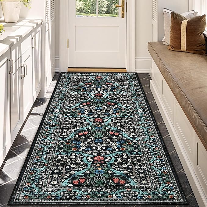 GarveeHome Kitchen 2x6 Runner Rug, Floral Washable Rugs for Hallways Non Slip Stain Resistant, Boho Soft Rug Botanical Carpet for Entryway, Laundry Room, Bedroom Floor Mat, Black