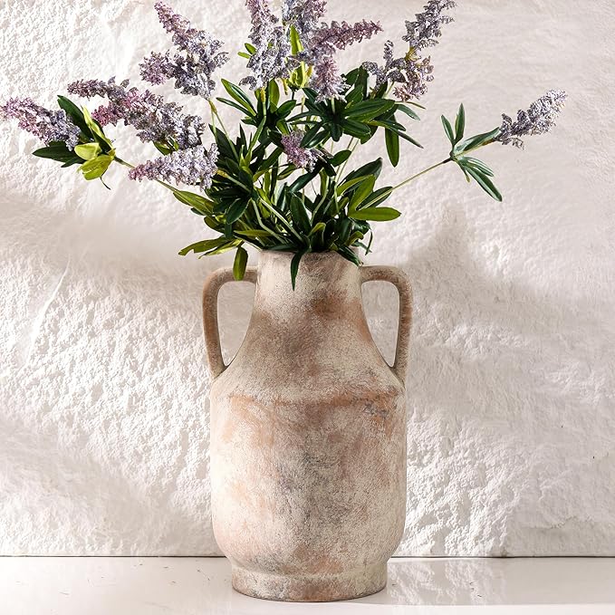 Mitt&Ditt Ceramic Flower Vase with Handles, 11 inch Tall Vase for Centerpieces, Large Decorative Terracotta Vases, Farmhouse Rustic Vases for Home Decor, Living Room, Table, Neutral