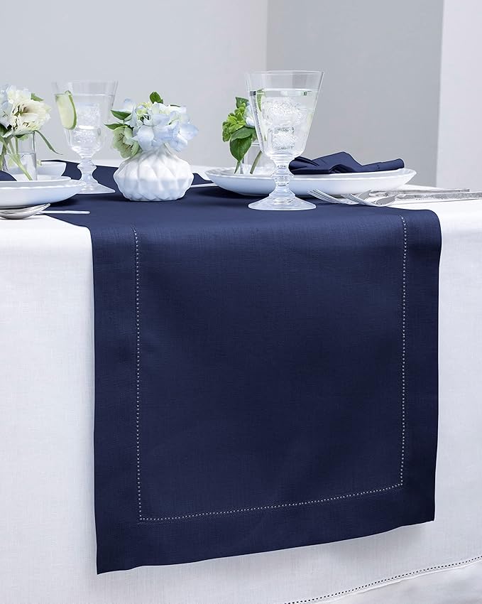 Solino Home Linen Navy Blue Table Runner 36 Inches - Classic Hemstitch, 100% Pure Linen Coffee Table Runner 14 x 36 Inch Ideal for Dresser Tables - Winter, Easter