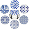 Drink Coasters Set of 6 with Holder, Handpainted Blue Pattern Absorbent Ceramic Coasters with Cork Base,Fit All Cups,Great Gift for Housewarming,Room Decor,Bar,Holiday Party