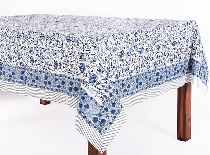 ATOSII Jodhpur Blue 100% Cotton Fall Tablecloth, Handblock Floral Print Rectangle Linen for Kitchen Dining I Parties Wedding Outdoors Holidays I Spring Summer 72 X 120 Inches I 10 Seater Table