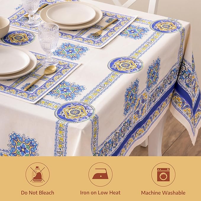Maison d' Hermine Premium Table Cloth Rectangle Table 100% Combed Cotton 120 x 70 Inches Tablecloth Reusable Decorative for Dining Room, Farmhouse, Home, Party, Festive & Wedding - Sciacca