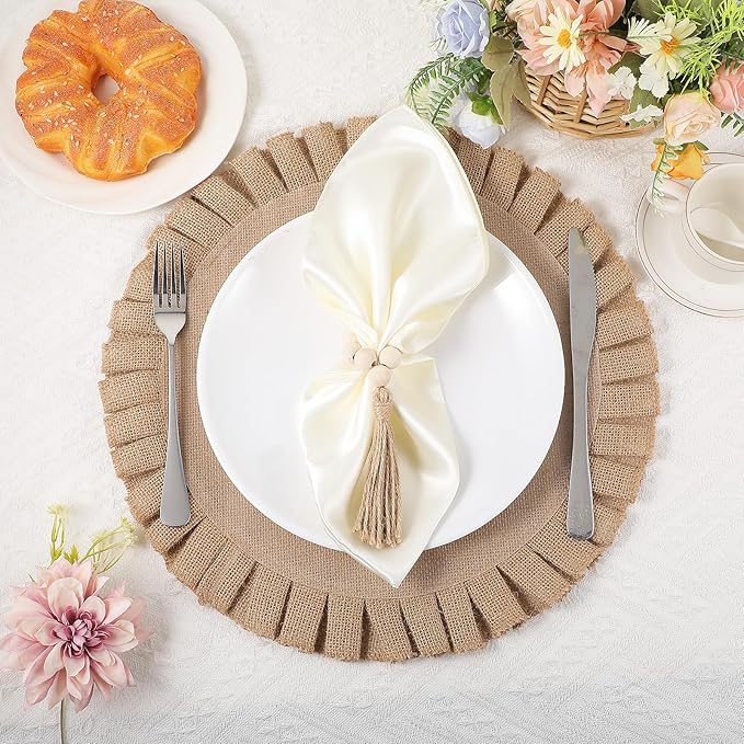18 Pcs Round Natural Burlap Placemats, Wooden Bead Napkin Rings with Cloth Dinner Napkins, Heat Resistant Jute Placemat Set Boho for Wedding Dining Table Decor