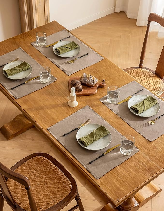 Linen Dining Table Placemats Set of 6 Indoor Brown Plate Placement Mats Farmhouse Cloth Place Mats Water Repellent Heat Resistant 12x18 Inch