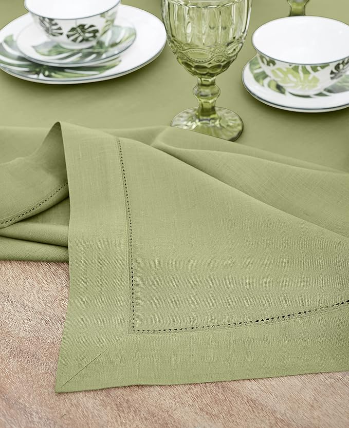 Solino Home Linen Moss Green Tablecloth 60 x 108 Inch - Classic Hemstitch, 100% Pure Linen Rectangular Tablecloth - Machine Washable Table Cloth for Winter, Spring, Easter, St Patricks Day