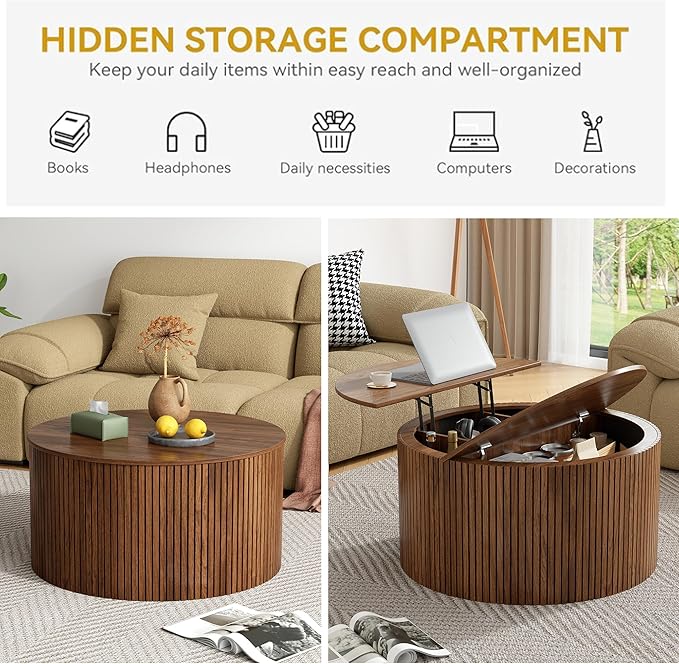 Mid Century Round Fluted Lift Top Coffee Table, Modern Center Table with Storage and Compartment, 2 Tier Small Circle Dining Table, for Living Room, Home Small Space, Walnut Oak-1