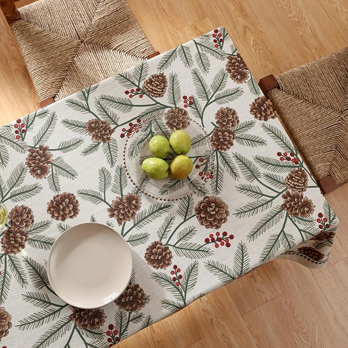 ISAENNE Designer Christmas Beige Linen Long Rectangle Tablecloth,Pinecones Pattern Indoor Table Cloths,Washable Decor Tablecloths for Dining Thanksgiving Kitchen Christmas,63"*94"-Carol B
