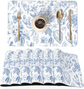 QIYI Placemats Set of 6, 12x18 Inch Faux Leather Place Mats for Kitchen Dinning, Heat Resistant Anti Slip Floral Table Mats, Waterproof Wipeable Washable Placemat Party Table Décor, Blue Flowers