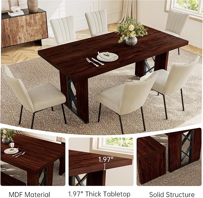 7-Piece Dining Table Set for 6 People, 70.8" MDF Kitchen Table with 6 Velvet Chairs, Space-Saving for Dining Room, Breakfast Nook(Walnut Table+6 Beige Chairs)