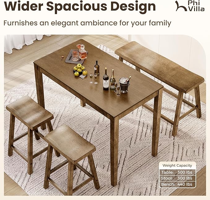 PHI VILLA Kitchen Table with Bench and Chairs, Counter Height Table and Chairs, Solid Wood Small Dining Table Set for 4, High Top Kitchen Table Chairs Set of 4, Rustic Caramel