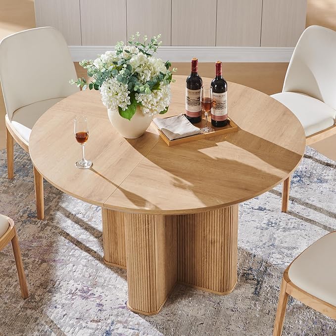 T4TREAM 47" Fluted Round Dining Table for 4-6, Mid-Century Modern Kitchen Table with Thickened Edge & Sturdy Pedestal Base for Kitchen Living Room,Natural Oak(Table Only)