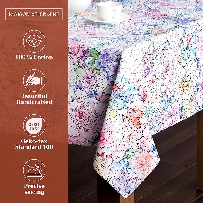 Maison d' Hermine Table Cloth Square Table 100% Cotton 54 x 54 Inches Tablecloth Reusable Decorative for Dining Room Farmhouse Home Valentines Day Decorations Spring Summer - Floral Love