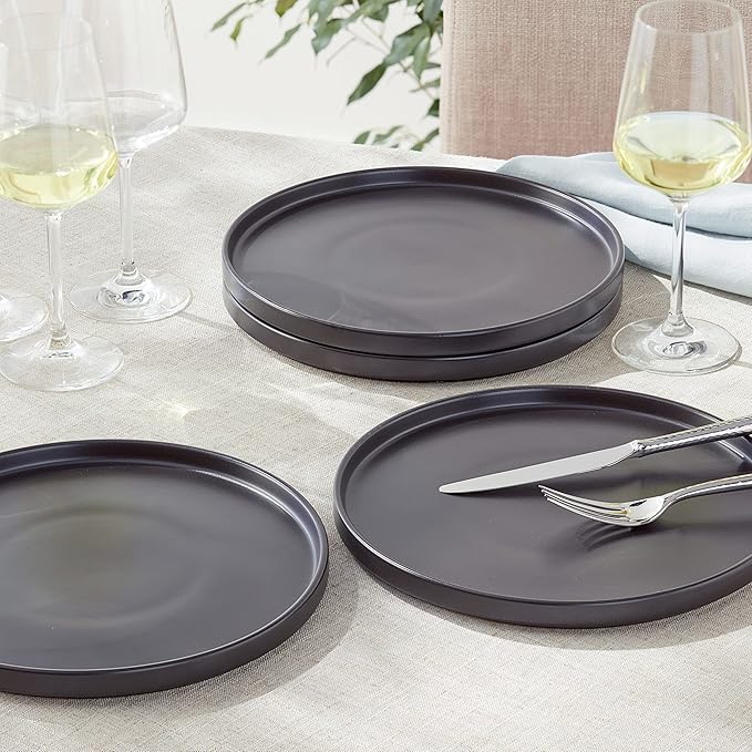 Stone Lain Coupe - Celina Stoneware Round Dinner Plates Set, 4-Piece, Black Matte
