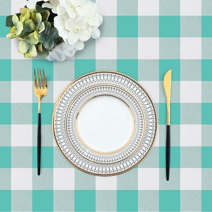 misaya Rectangle Waterproof Vinyl Table Cloth, Buffalo Flannel Backed Tablecloth, Wipeable Plastic Table Cover for Dinner, Kitchen, Outdoor (60" x 120", Teal and White)