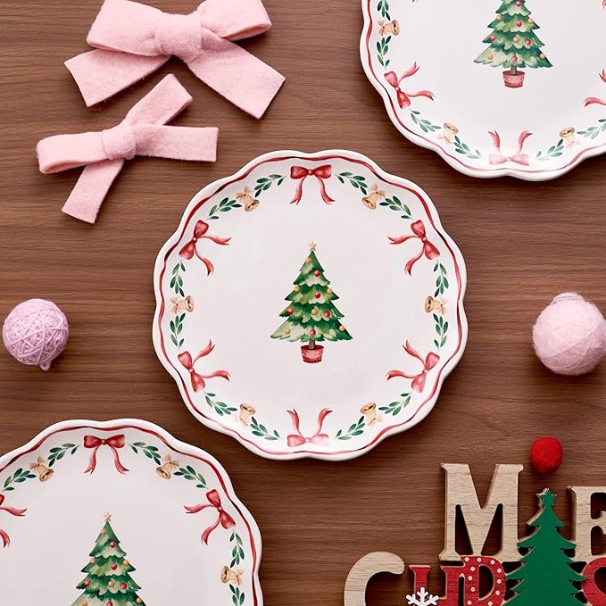Bico Ribbon Christmas Scalloped Salad Plates Set of 4, 8.75 Inch Ceramic Dessert Plates for Salad, Appetizer, Side Dishes, Microwave and Dishwasher Safe, Gift for Housewarming and Christmas