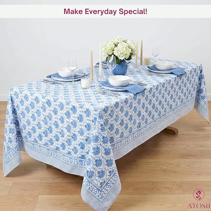 ATOSII Padma Blue 100% Cotton Rectangle Summer Tablecloth, Indian Block Print Floral Table Cloth I Dining Parties Weddings Outdoors Holidays 60 X 108 Inches, 8 Seater I Grandmillennial Farmhouse Boho