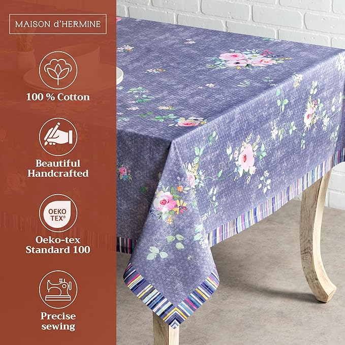 Maison d' Hermine Table Cloth Rectangle Table 100% Cotton 60 x 120 Inches Tablecloth Reusable Decorative for Dining Room Valentines Day Decorations Spring Summer - Sweet Rose Lavender - Country Garden