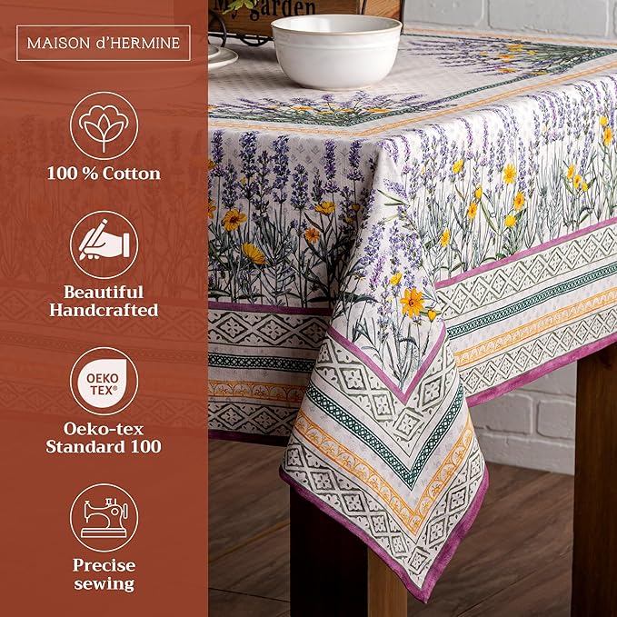 Maison d' Hermine Table Cloth Rectangle Table 100% Cotton 60 x 120 Inches Tablecloth Reusable Decorative for Dining Room Farmhouse Home Valentines Day Decorations Spring Summer - Fanny Lavender