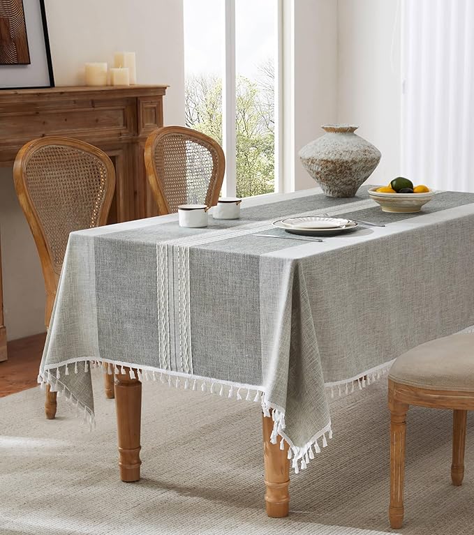ZeeMart Contrast Linen Table Cloth Rectangle Table Cloths 60x84 Inch Mid-Stripe Grey, Farmhouse Style Heavy Weight Grey Tablecloth, Water Resistant Burlap Tablecloths