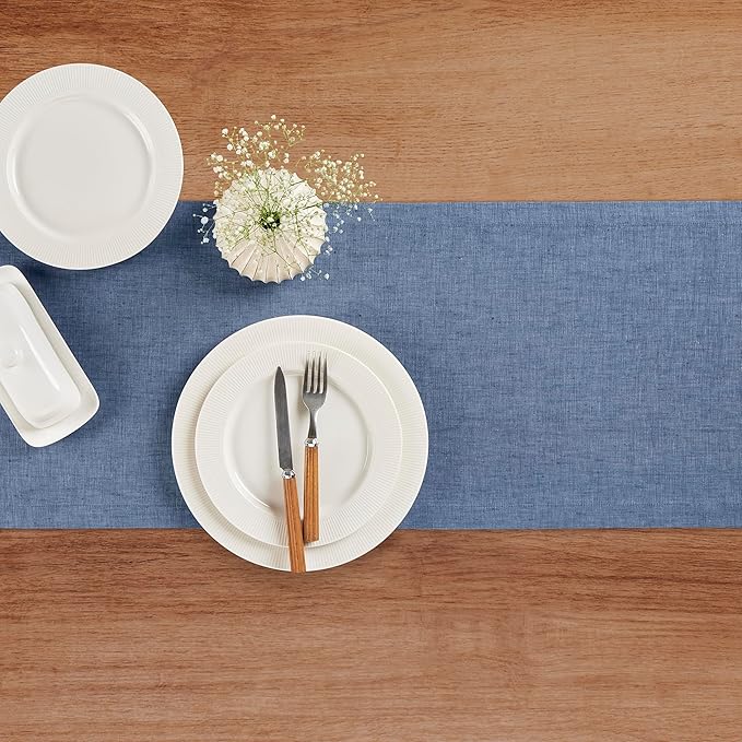 Solino Home Linen Table Runner 60 Inches - 100% Pure Linen Blue Denim Table Runner 14 x 60 Inch Ideal for Dresser and Coffee Tables - Athena, Winter, Spring, Easter