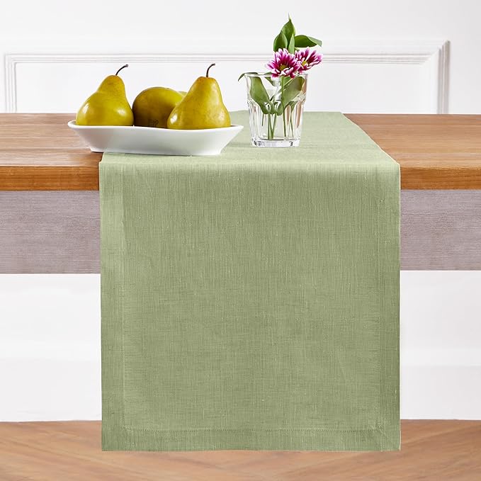 Solino Home Linen Small Table Runner 48 Inches - Athena, 100% Pure Linen Chambray Olive Table Runner 14 x 48 Inch Ideal for Dresser and Coffee Tables - Spring, St Patricks Day