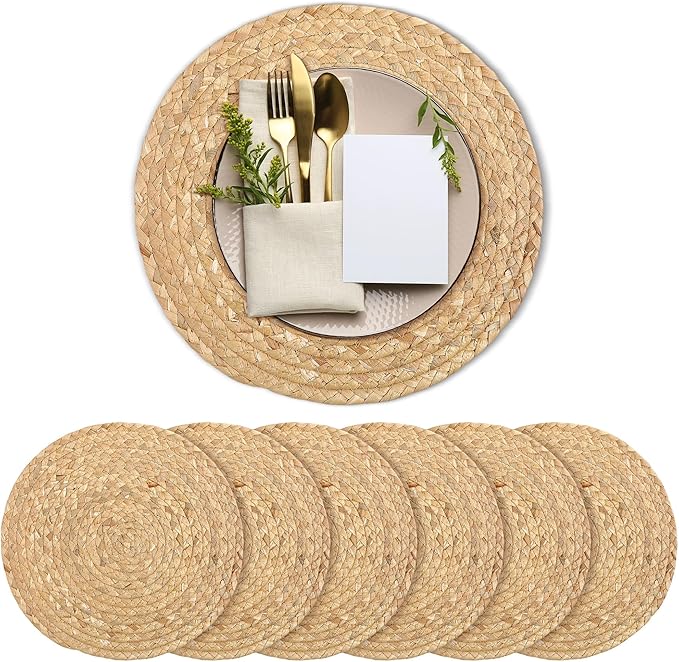 Kochorie Set of 6 Round Woven Placemats 12-Inch Natural Water Hyacinth Plant Placemats Hand-Woven Boho Rattan Placemat Wicker Weave Table Mats for Home Dinner Plates Holiday Supplies