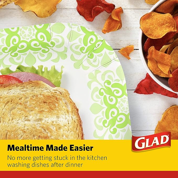Glad Square Disposable Paper Plates, Green Victorian Pattern - Strong, Sturdy, Soak Proof, and Microwavable Decorative Plates for Dinner and Everyday Use, 10 Inch, 100 Count