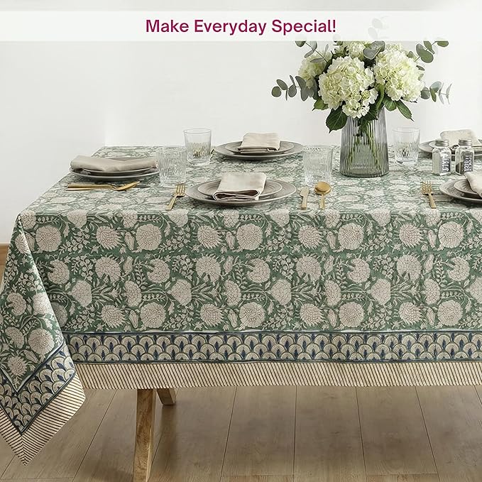 ATOSII Jade 100% Cotton Rectangle Boho Fall Tablecloth, Handblock Floral Table Cloth Linen for Kitchen Dining I Parties Wedding Outdoors Thanksgiving Easter Picnics I 72 X 108 Inches I 8 Seater