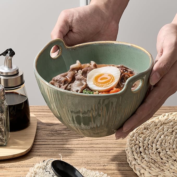Ramen Bowl with Chopsticks and Spoons Set, 7 Inch Ceramic Noodle Bowl Set of 2, Dishwasher Safe for Pho Udon Soba Noodle Salad Pasta, Special Reactive Glazed Green Bowls Set