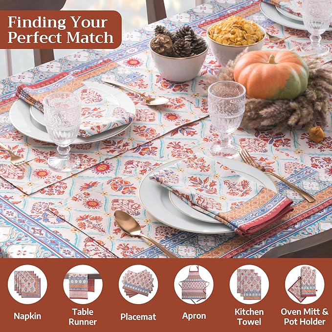Maison d' Hermine Table Cloth Rectangle Table 100% Cotton 60 x 120 Inches Fall Tablecloth Reusable Everyday Use for Thanksgiving Christmas Decorations Dining Farmhouse Party (Romane)
