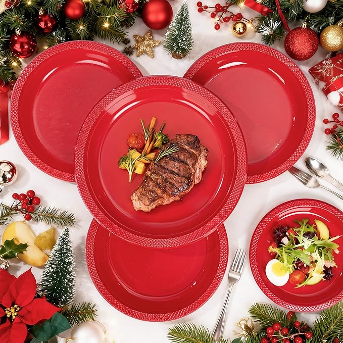 WELLIFE Red Party Plates 10 Inch -150 Count, Plastic Disposable Plates for Valentine's Day Dinner Party Easter Mother's Day