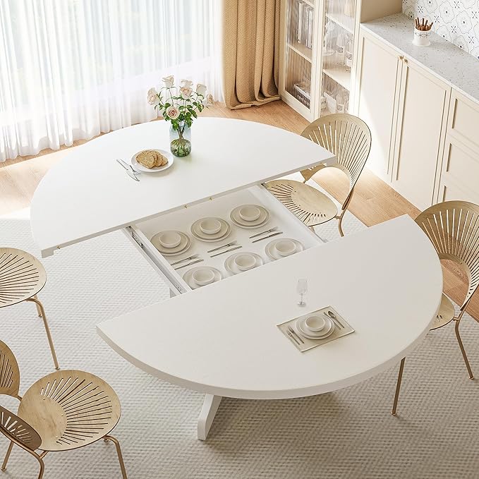 iPormis 59" Round Extendable Dining Table for 4-6, Modern Kitchen Table with Heavy Duty Pedestal Base & Wooden Top, Oval Dining Room Table for Dining Living Room, Easy Assembly, White