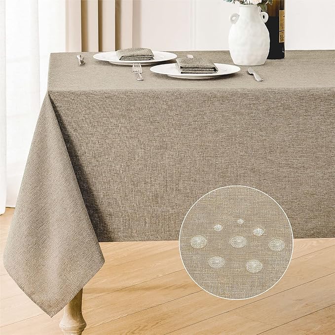 2 Pack Rectangle Tablecloth, 60x120 inch, Water Resistant Wrinkle Free Linen Textured Table Cloth Washable, Decorative Fabric Table Cover for Dining, Party and Camping, Mocha