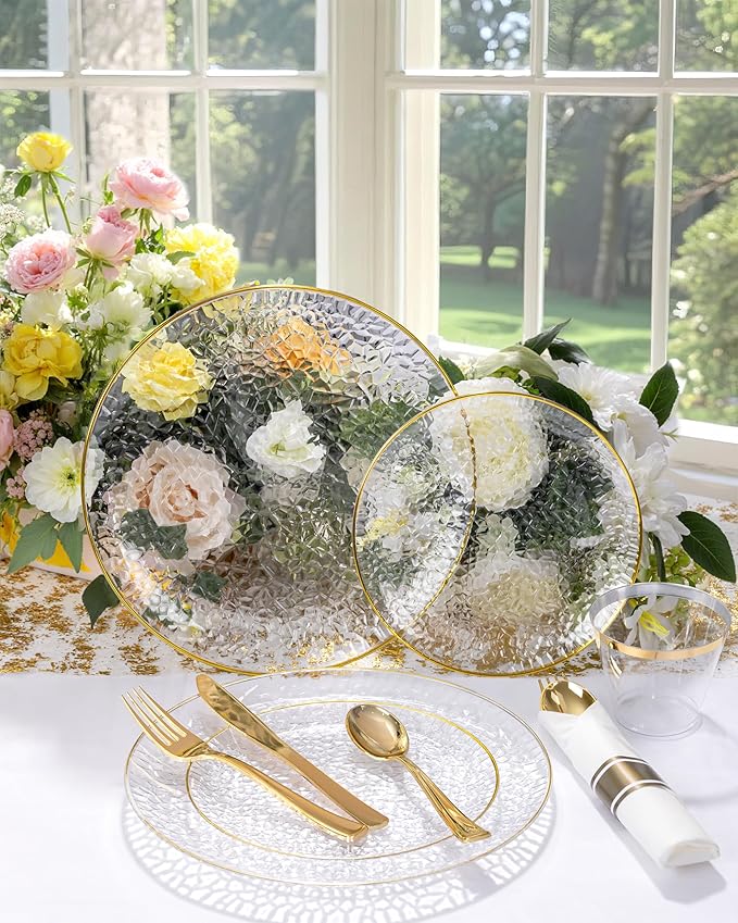 Hioasis 60pcs Clear Plastic Plates - Gold Rimmed Disposable, Hammered, Heavy-duty Dinnerware Set Suitable for 30 Guests, 10.25" Dinner & 7.5" Dessert Plates for Party & Wedding