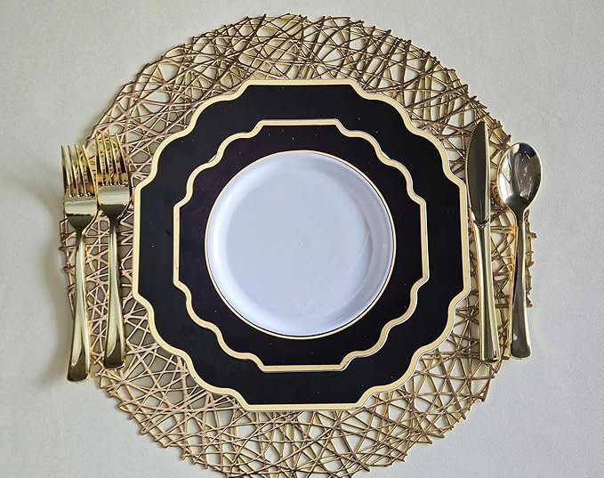 " OCCASIONS " 240 Plates Pack,(120 Guests) Heavyweight Wedding Party Disposable Plastic Plates Set -120 x 10.5'' Dinner + 120 x 8'' Salad / Dessert (Imperial in Black & Gold)