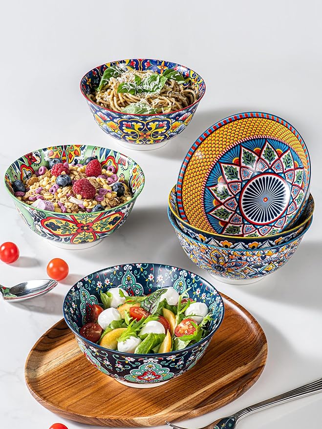 HENXFEN LEAD Boho Cereal and Soup Bowls Set of 6 – 24 oz Colorful Ceramic Bowl for Kitchen, Perfect for Oatmeal, Pasta, Salad, Dessert, Fruit – Microwave & Dishwasher Safe