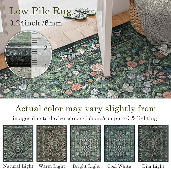 3x5 Washable Area Rug Floral Green Entryway Small Rug Vintage Forest Low Pile Non Slip Stain Resistance Soft Carpet for Kitchen, Bedroom Beside, Laundry Room, Office Rug, Kids Room, Nursery Room