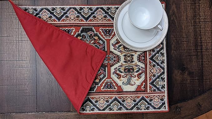 DaDa Bedding Majestic Red Kilim Rug Dining Table Placemats - Set of 4-Pieces Tapestry Cotton Kitchen Mats Royal Persian Tradtional Design - Elegant Intricate Multi-Colorful Floral Ornate - 13” x 19”