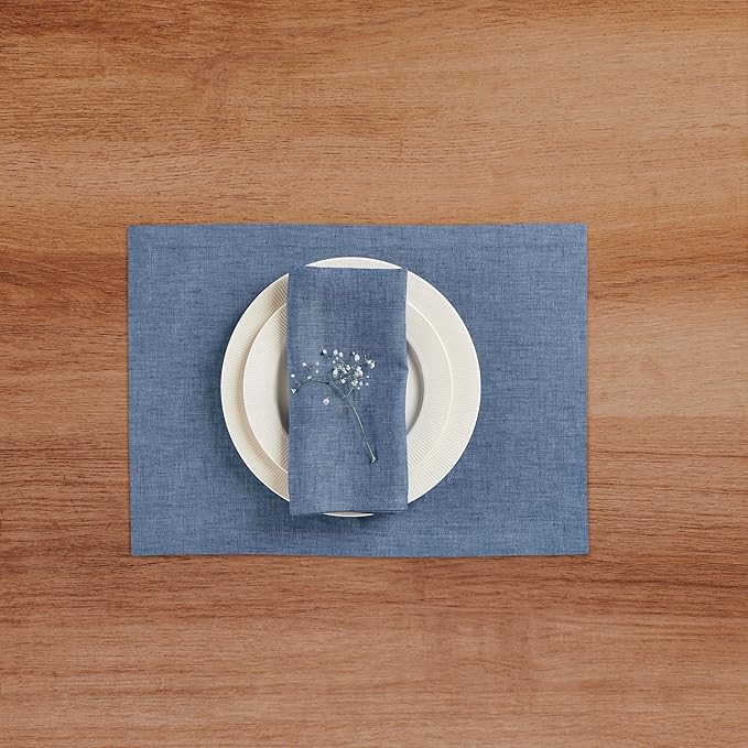 Solino Home Linen Cloth Placemats Set of 4-100% Pure Linen Blue Denim Placemats 14 x 19 Inch for Winter, Spring, Easter - Athena