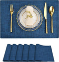 SLKQG Navy Linen Fabric Placemats Set of 6, Heat Resistant & Machine Washable Double-Layered Cloth Placemats for Dining Table, Indoor/Outdoor Use, Non-Slip Kitchen Table Mats (6, Navy)