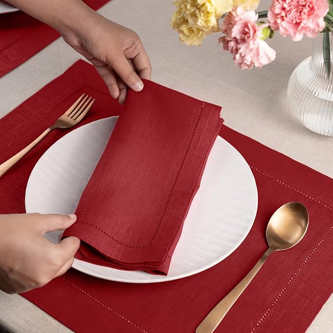 D'Moksha Homes Red Linen Napkins Set of 4 - Classic Hemstitch 100% Pure Linen Hemstitch Dinner Napkins 20 x 20 Inch for Valentines, Spring - Handcrafted and Machine Washable