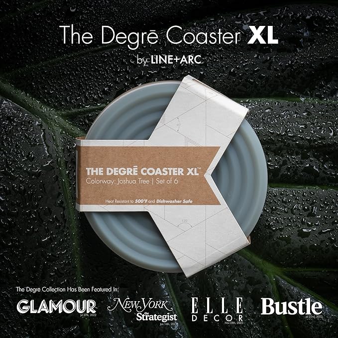 The Degrē Coasters XL (Indigo Wash, Set of 6) by LINE+ARC. 10mm Thick, Dishwasher Safe, Stain-Resistant, Outdoor, Coffee Table, Silicone, Modern, Mid Century, Drink, Non-Absorbent, Housewarming Gift