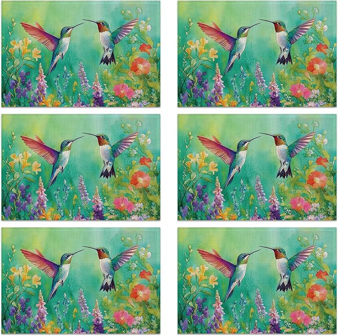 Hummingbird 12x18 Inch Placemats Set of 6 - Waterproof, Non-Slip & Washable Vintage Spring Flower Birds Table Mats for Kitchen & Dining Table Placemats