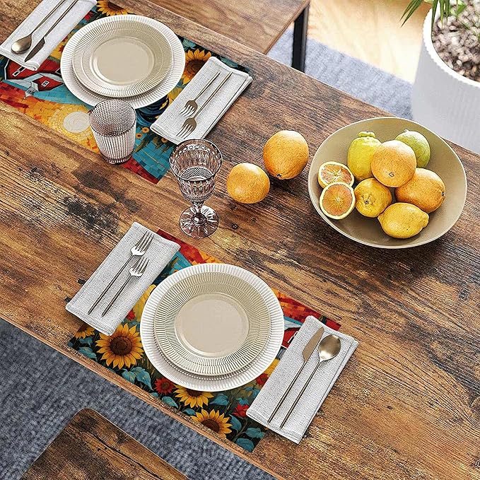 Painting Sunflowers Rooster 12x18 Inch Placemats Set of 6 - Waterproof, Non-Slip & Washable Table Mats for Kitchen & Dining Table Placemats