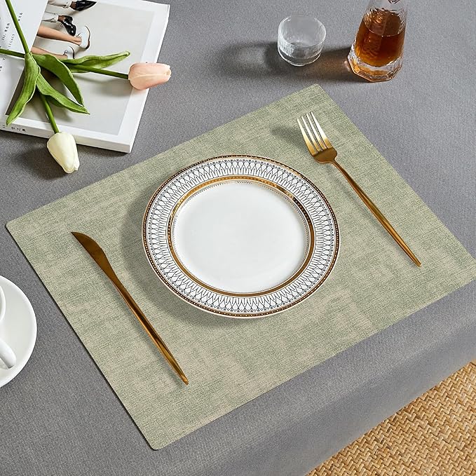 Faux Leather Placemats Set of 6, Heat Resistant Wipeable Washable Vinyl Place Mats, Waterproof Anti-Slip Dining Table Mats, Suitable for Indoor & Outdoor Use (Light Green)