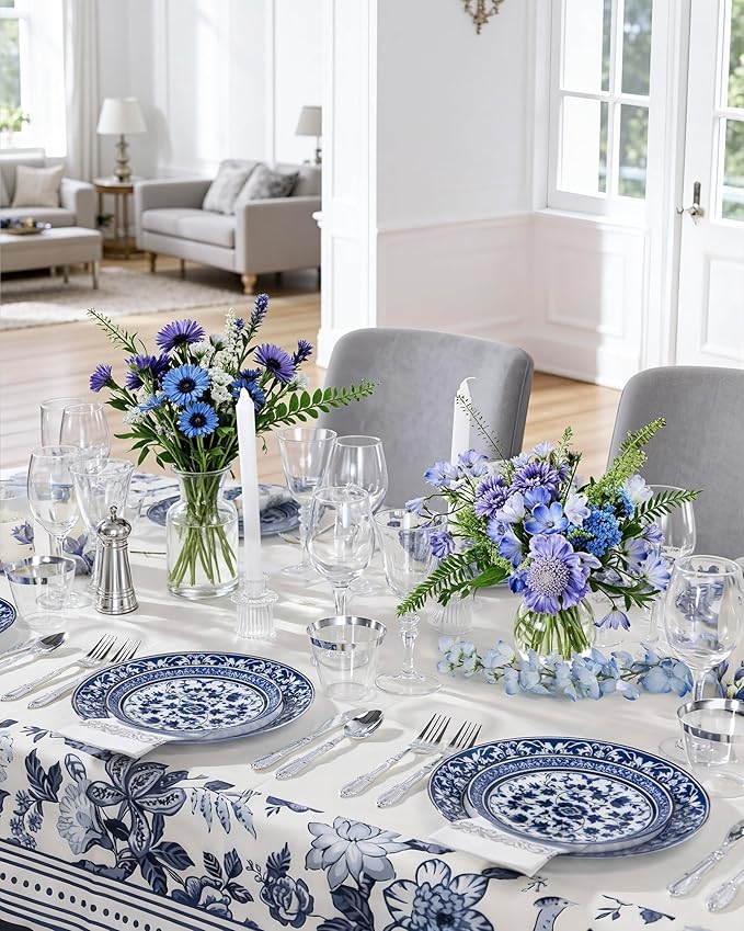 Hioasis 60pcs Blue Plastic Plates Set - Floral Blue & White Porcelain Design, 10.25" Dinner & 7.5" Dessert Plates Disposable for Wedding (Dishwasher Safe, Art Style)