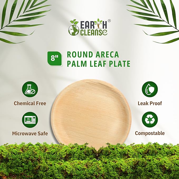 Compostable Palm Leaf Plates 8 Inch Round (100 Pack) | Disposable Biodegradable Plates Like Bamboo & Wooden | Microwave & Oven Safe | Eco-Friendly Dinnerware for Parties & Events