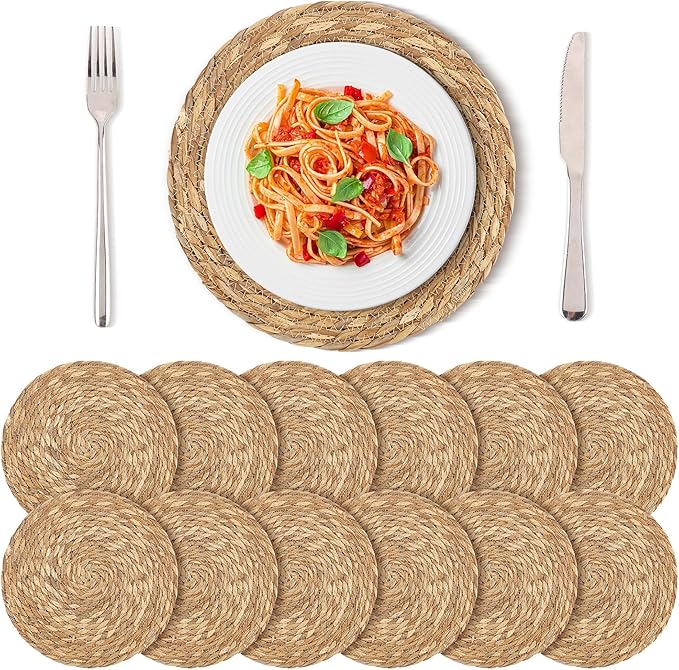 Kochorie Set of 12 Round Woven Placemats 12 Inches Bulrush Placemats Natural Hand-Woven Boho Rattan Placemats Wicker Table Mats Farmhouse Weave Place Mats for Home Dining Table